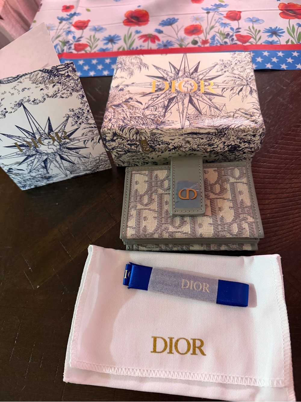 GWP!! Dior Beige and Blue Monogram Card Holder Wallet New with Tags